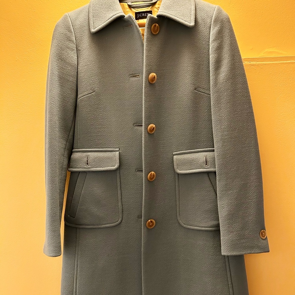 J. Crew blue Button-Up Coat with satiny tan-gold interior.